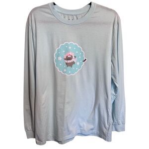 Pusheen- Light Blue Screen Print Cat Lover Long Sleeve T Shirt, Size Large